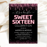 Joint Twin Sweet Sixteen 16th Birthday Party Kaart<br><div class="desc">Ontdek meer over onze unieke gezamenlijke 16e verjaardag uitnodigingen die schreeuwen stijl en plezier. Onze strakke zwarte achtergrond verblindt met fonkelingen van roze glitter en confetti, perfect als aanvulling op de zoete zestien roze heliumballonnen die op het ontwerp drijven. Maar de schijnwerper is zeker op de gemakkelijk aanpasbare dubbele viering...</div>