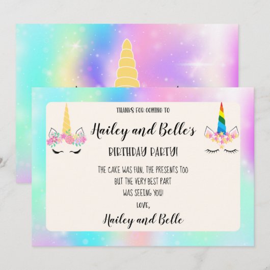 Joint Unicorn Birthday - Hartelijk dank Bedankkaart (Voorkant / Achterkant)