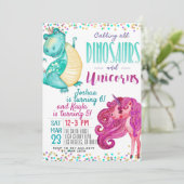 Joint Unicorn Dinosaur Birthday Uitnodiging (Staand voorkant)