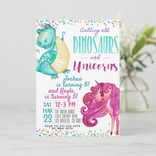 Joint Unicorn Dinosaur Birthday Uitnodiging (Staand voorkant)