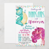 Joint Unicorn Dinosaur Birthday Uitnodiging (Voorkant / Achterkant)
