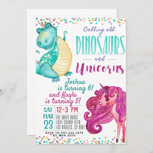 Joint Unicorn Dinosaur Birthday Uitnodiging (Voorkant / Achterkant)