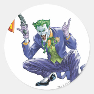 Joker met nep-pistool ronde sticker