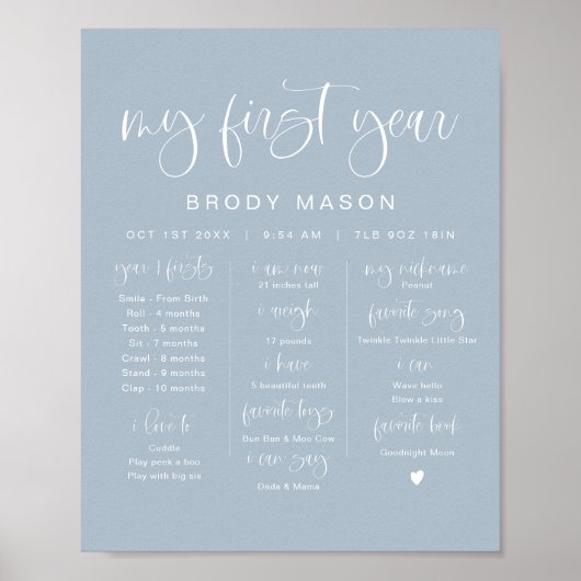 JOLIE Boho Dusty Blue Boy First Birthday Milestone Poster (Voorkant)