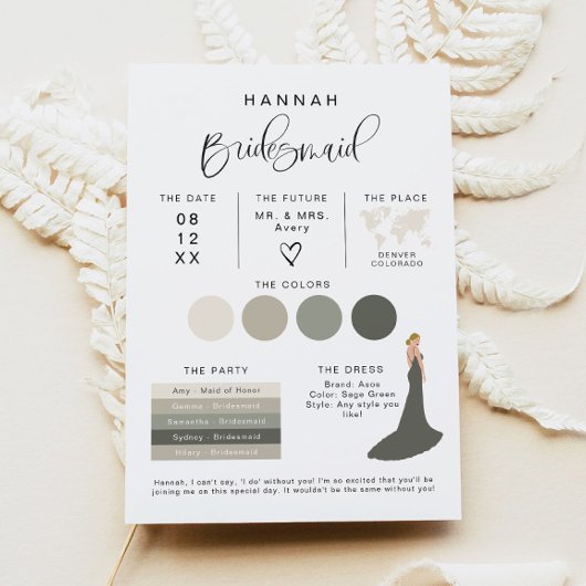 JOLIE Modern EDITABLE Bridesmaid Info Card Kaart