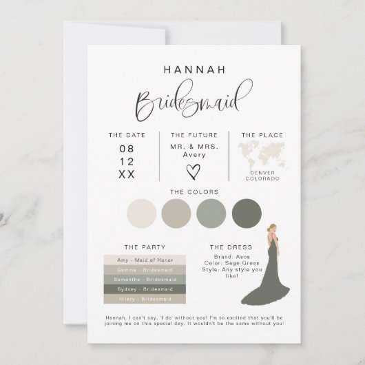 JOLIE Modern EDITABLE Bridesmaid Info Card Kaart (Voorkant)