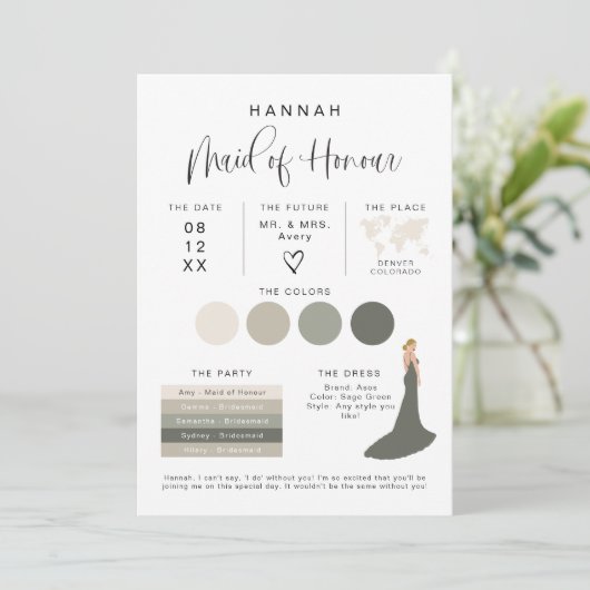 JOLIE Modern EDITABLE Maid of Honor Info Kaart (Staand voorkant)