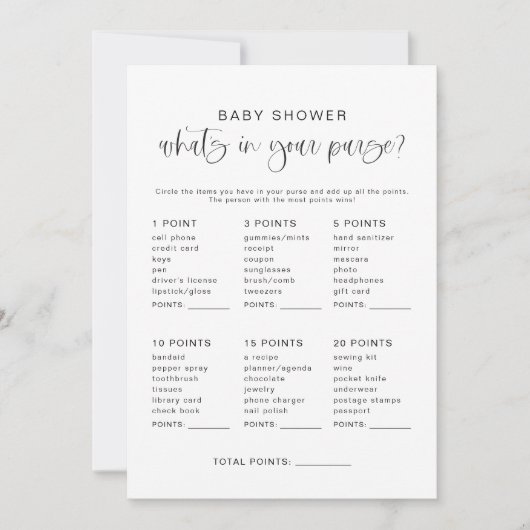 JOLIE Wat zit er in je tas Baby shower spel Kaart (Voorkant)