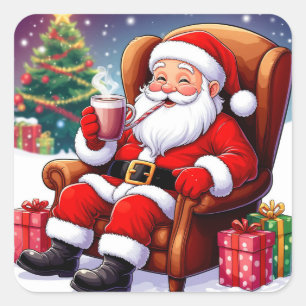 Jolige Kerstman die ontspant met warme chocolademe Vierkante Sticker