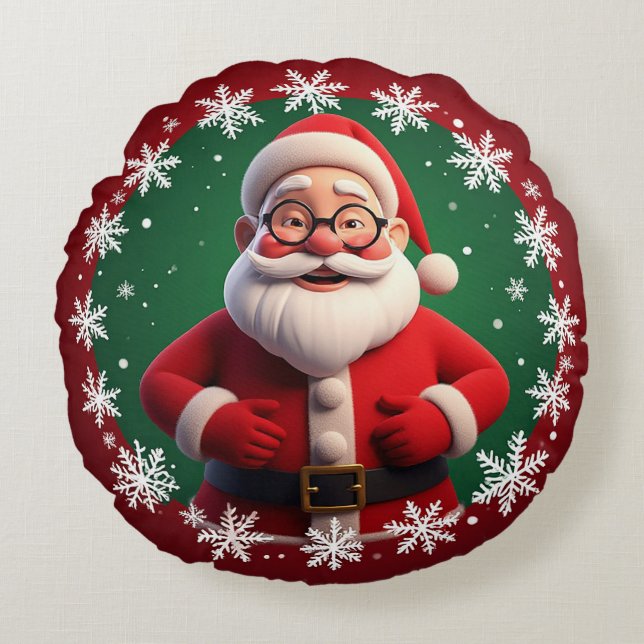 Jolige kerstman omringd door sneeuwvlokken rond kussen (Voorkant)