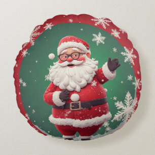 Jolige kerstman omringd door sneeuwvlokken rond kussen