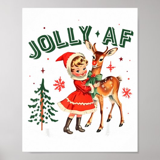 Jolly Af Christmas Retro 50s Cute Girl And Deer Vi Poster (Voorkant)