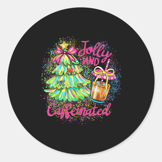 Jolly And Caffeinated Christmas Tree Coquette Bow Ronde Sticker (Voorkant)