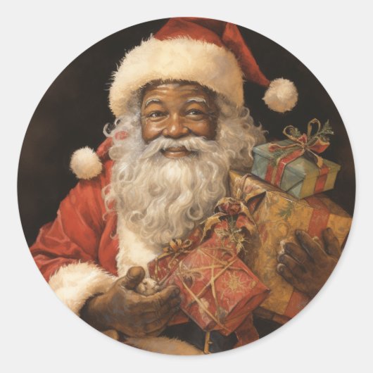 Jolly Black Santa: Feestelijke kerstgroeten Ronde Sticker (Voorkant)