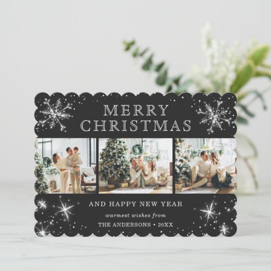Jolly Black Silver Sparkly Snowflake Fotocollage Feestdagenkaart (Staand voorkant)