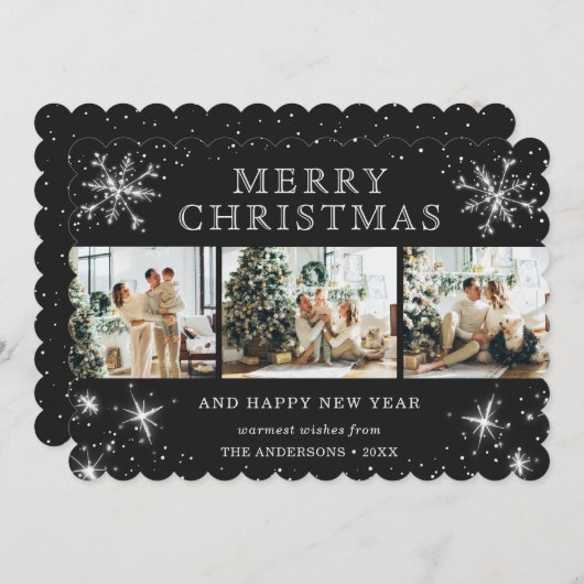 Jolly Black Silver Sparkly Snowflake Fotocollage Feestdagenkaart (Voorkant / Achterkant)