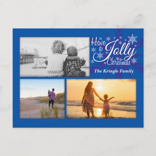 Jolly Blue Kerstmis Snowflake Foto Briefkaart (Voorkant)