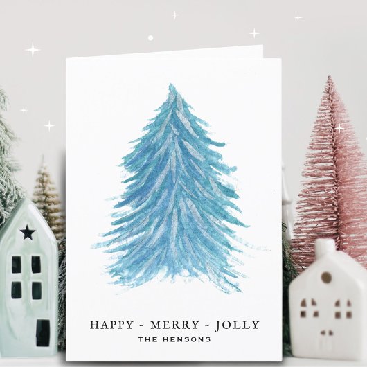Jolly Blue Kerstmis Tree-Waterverf Trekkast Feestdagen Kaart