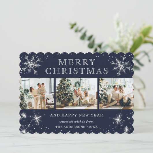 Jolly Blue Silver Sparkly Snowflake Fotocollage Feestdagenkaart (Staand voorkant)