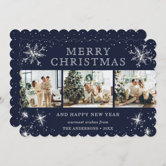 Jolly Blue Silver Sparkly Snowflake Fotocollage Feestdagenkaart (Voorkant / Achterkant)