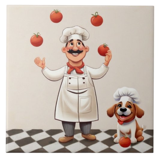 Jolly Chef: French Cook Juggling Tomatoes with dog Tegeltje (Voorkant)