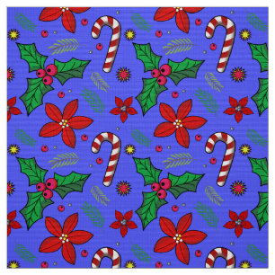 Jolly Christmas Poinsettia Holly Candy Cane stof