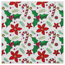 Jolly Christmas Poinsettia Holly Candy Cane stof