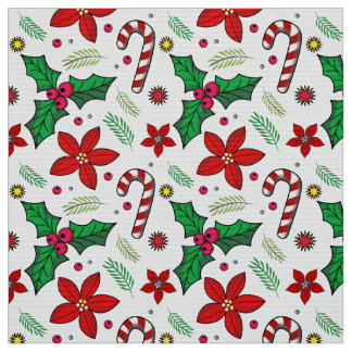 Jolly Christmas Poinsettia Holly Candy Cane stof