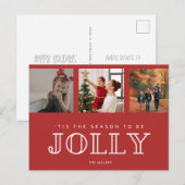 Jolly Family Drie foto Kerstrood Feestdagenkaart (Voorkant / Achterkant)