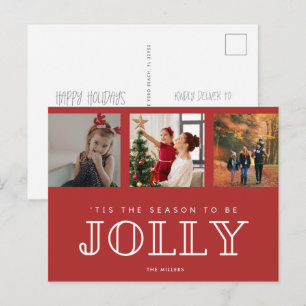 Jolly Family Drie foto Kerstrood Feestdagenkaart