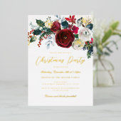 Jolly Gold Shimmer Bloemen Kerstfeest Folie Uitnodiging (Staand Voorkant)