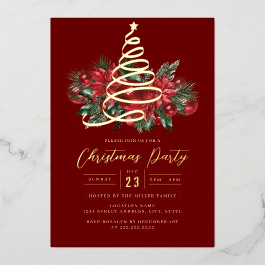 Jolly Gold Tree Red Foliage Kerstfeest Folie Uitnodiging (Voorkant)