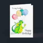 Jolly Green Dragon Brother Verjaardag Kaart<br><div class="desc">Een verjaardagskaart voor een broer,  met een vrolijke groene en gele draken met ballonnen,  uit een aquarel illustratie van Judy Adamson. De voortekst kan op verzoek worden gewijzigd via mijn winkel.</div>