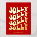 Jolly Groovy Wavy Red Christmas Gold Folie Feestdagen Briefkaart<br><div class="desc">Jolly Jolly Christmas Briefkaart: een retro ontwerp,  met een golvende  typografie in gouden folie en een klassieke rode achtergrond.</div>