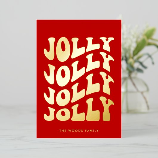 Jolly Groovy Wavy Red Christmas Gold Folie Feestdagenkaart (Staand Voorkant)