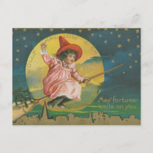 Jolly Halloween Pink Witch op Broom  Briefkaart
