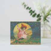 Jolly Halloween Pink Witch op Broom  Briefkaart (Staand voorkant)