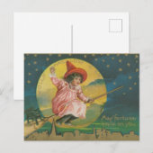 Jolly Halloween Pink Witch op Broom  Briefkaart (Voorkant / Achterkant)