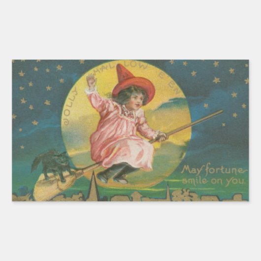 Jolly Halloween Pink Witch op Broom  Rechthoekige Sticker (Voorkant)