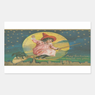 Jolly Halloween Pink Witch op Broom  Rechthoekige Sticker
