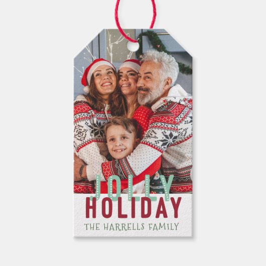 Jolly Holiday Familiefoto Kerstmis Cadeaulabel (Voorkant)