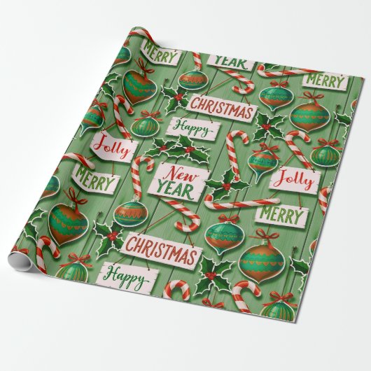 Jolly Holiday Jumble Green Cadeaupapier (Uitgerold)