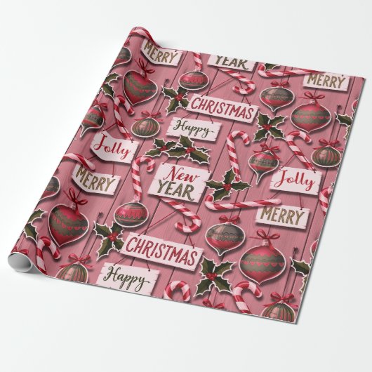 Jolly Holiday Jumble Roze Cadeaupapier (Uitgerold)
