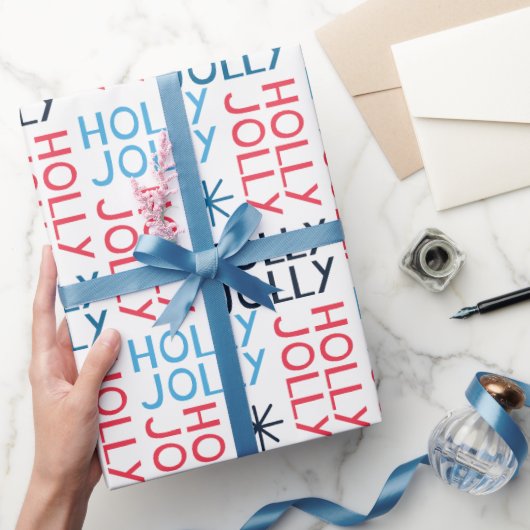 Jolly Holly Typografie Red Blue White Kerstmis Cadeaupapier (Geschenken)