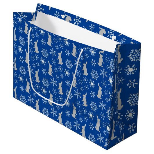 Jolly Kerstblauw Snowflakes en Bunnies Groot Cadeauzakje (Voorkant Gekanteld)