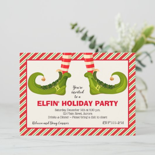 Jolly Kerstmis Elf Legs Stripes Holiday Invites (Staand voorkant)