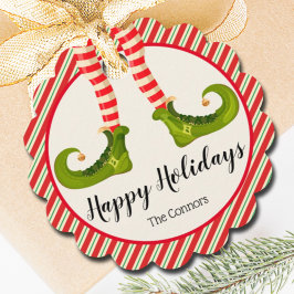 Jolly Kerstmis Elf Legs Stripes Holiday SCALLOP Bedankjes Labels