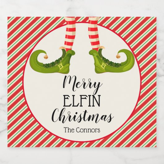 Jolly Kerstmis Elf Legs Stripes Holiday Sparkling Wijnetiket (Enkel label)