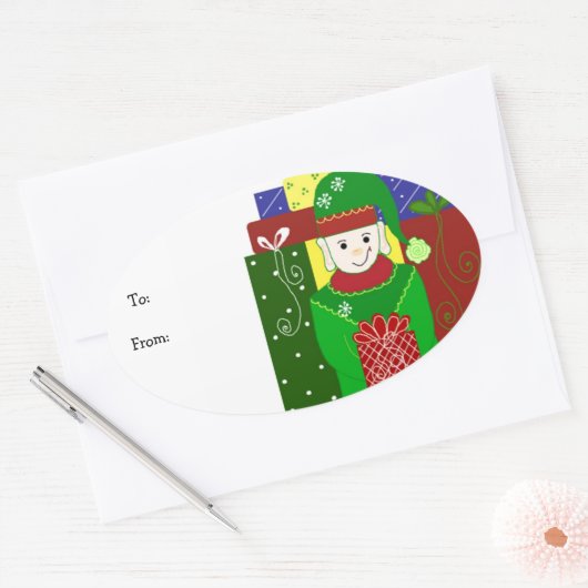 Jolly Kerstmis Elf Ovale Sticker (Envelop)