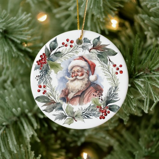 Jolly Lachende Santa Waterverf Kerstkrans Keramisch Ornament (Boom)